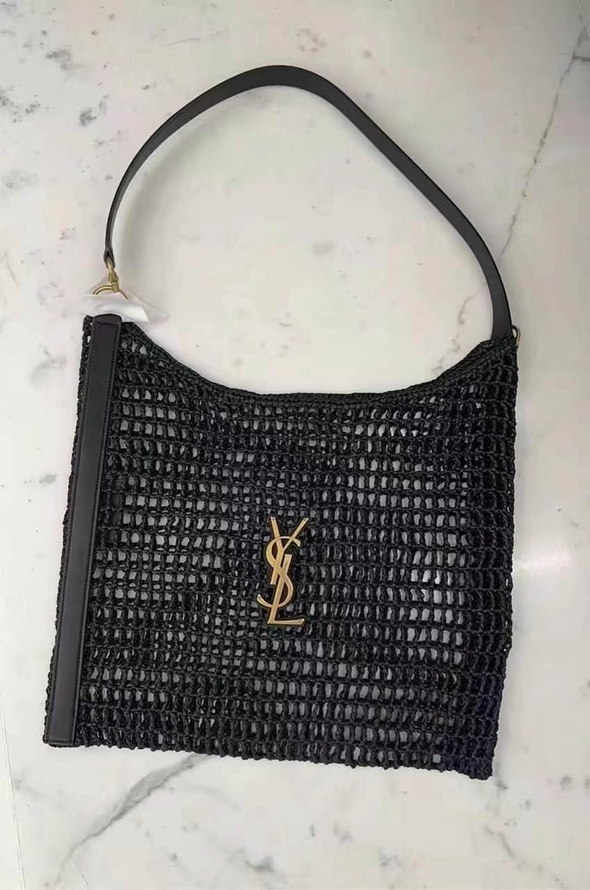 YSL OXALIS BAG IN RAFFIA MACRAMÉ BLACK 14.6X 5.7X1.2INCHES
