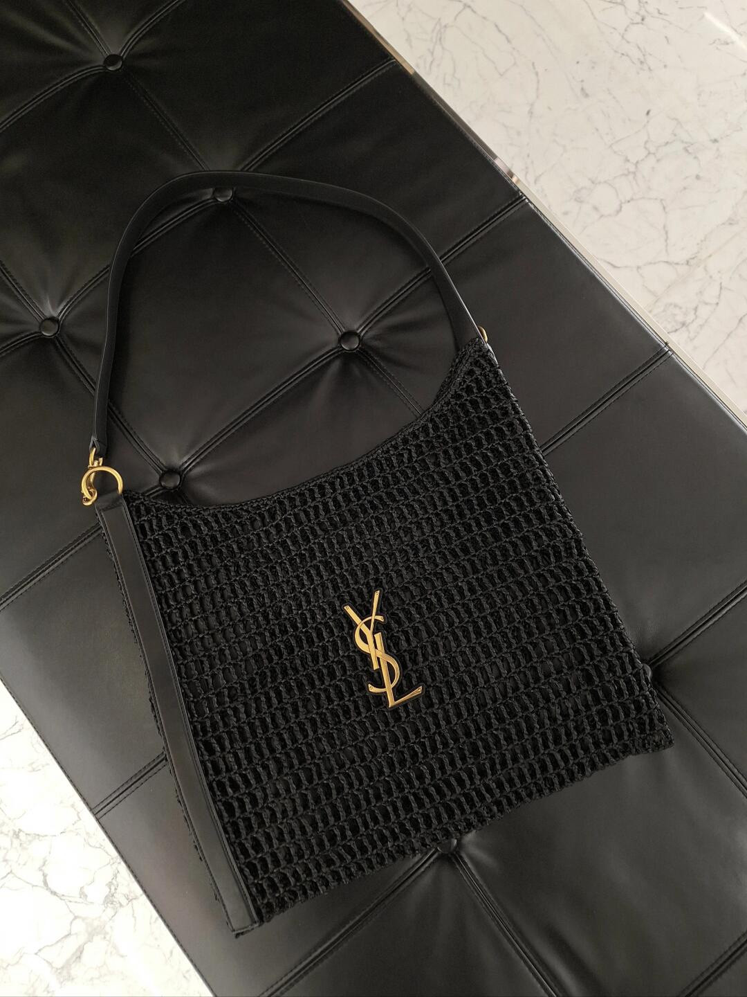 YSL OXALIS BAG IN RAFFIA MACRAMÉ BLACK 14.6X 5.7X1.2INCHES
