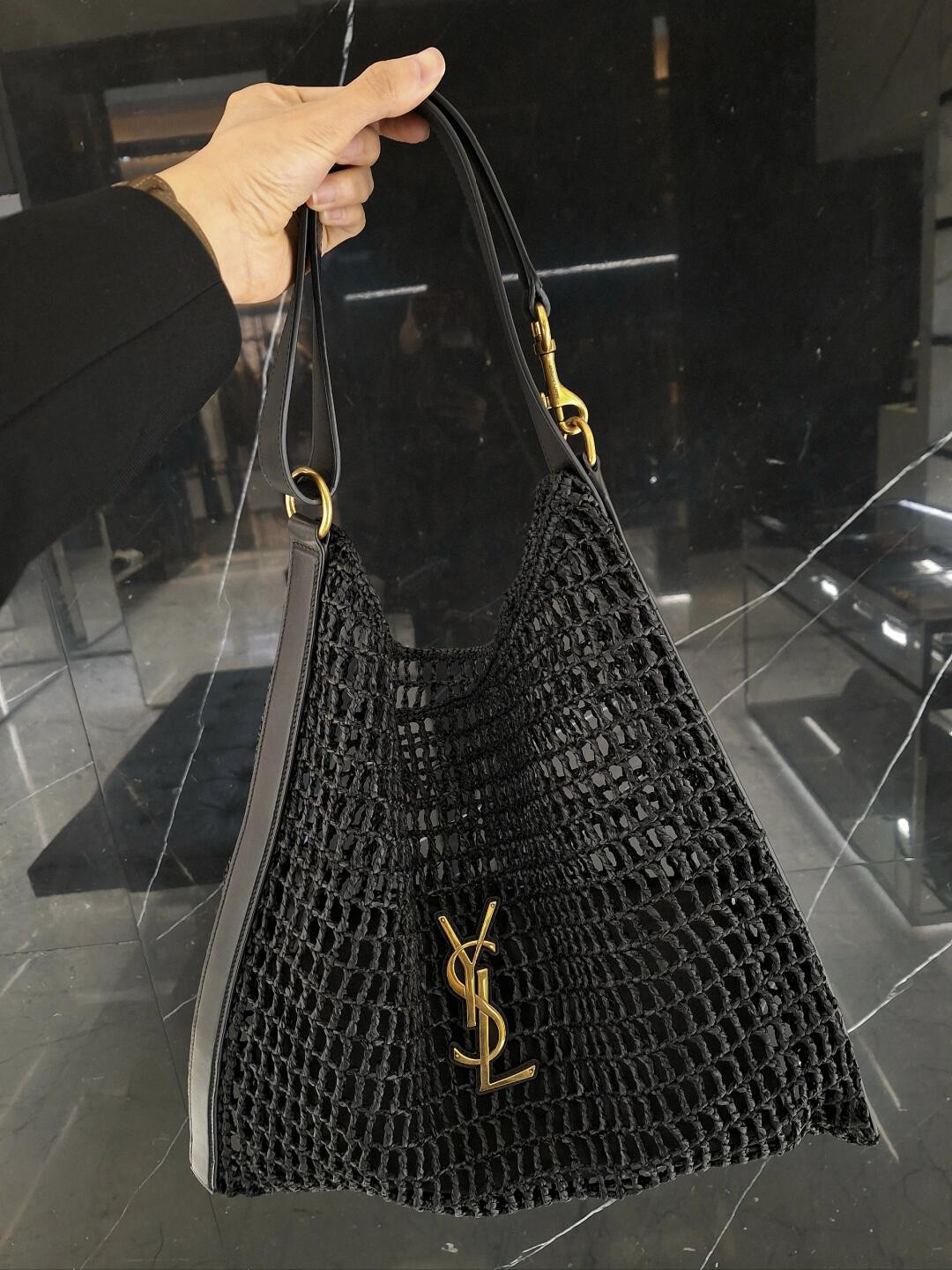 YSL OXALIS BAG IN RAFFIA MACRAMÉ BLACK 14.6X 5.7X1.2INCHES