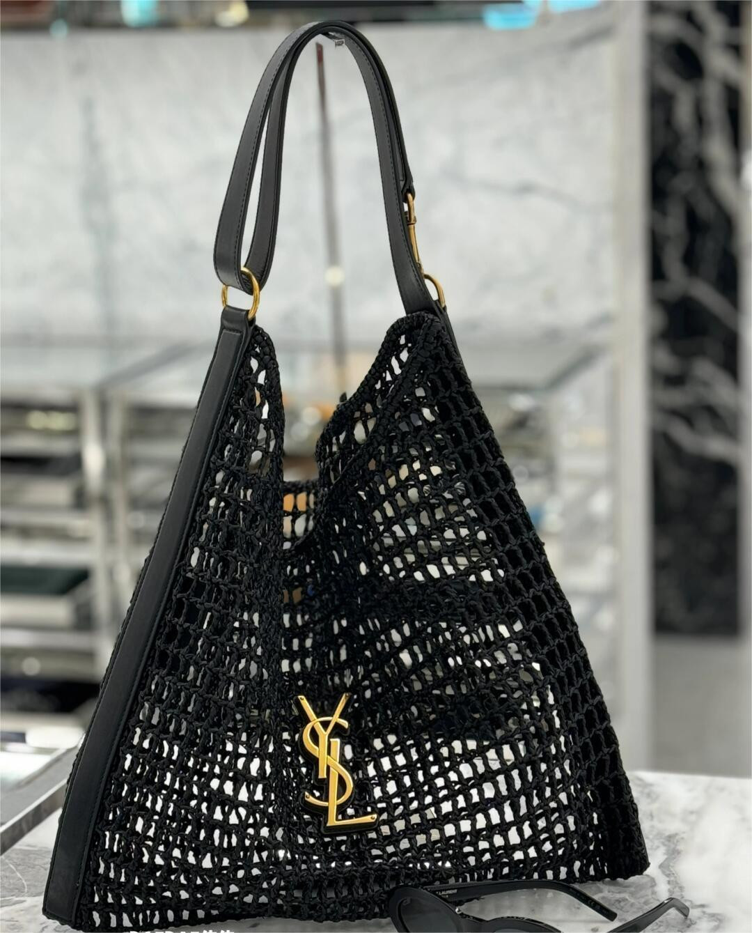 YSL OXALIS BAG IN RAFFIA MACRAMÉ BLACK 14.6X 5.7X1.2INCHES