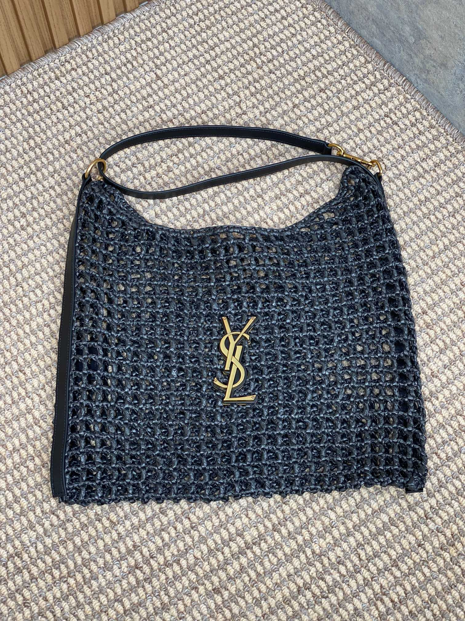 YSL OXALIS BAG IN RAFFIA MACRAMÉ BLACK 14.6X 5.7X1.2INCHES