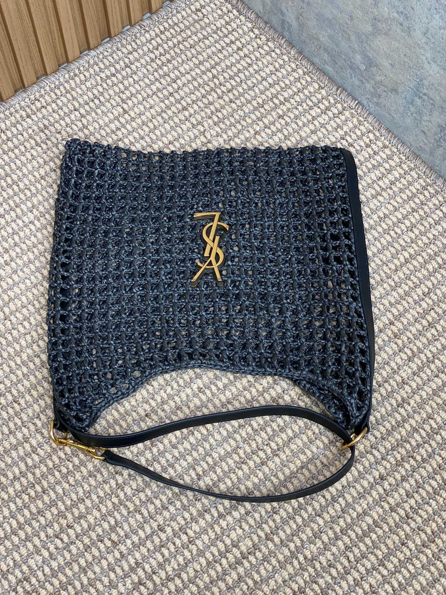 YSL OXALIS BAG IN RAFFIA MACRAMÉ BLACK 14.6X 5.7X1.2INCHES