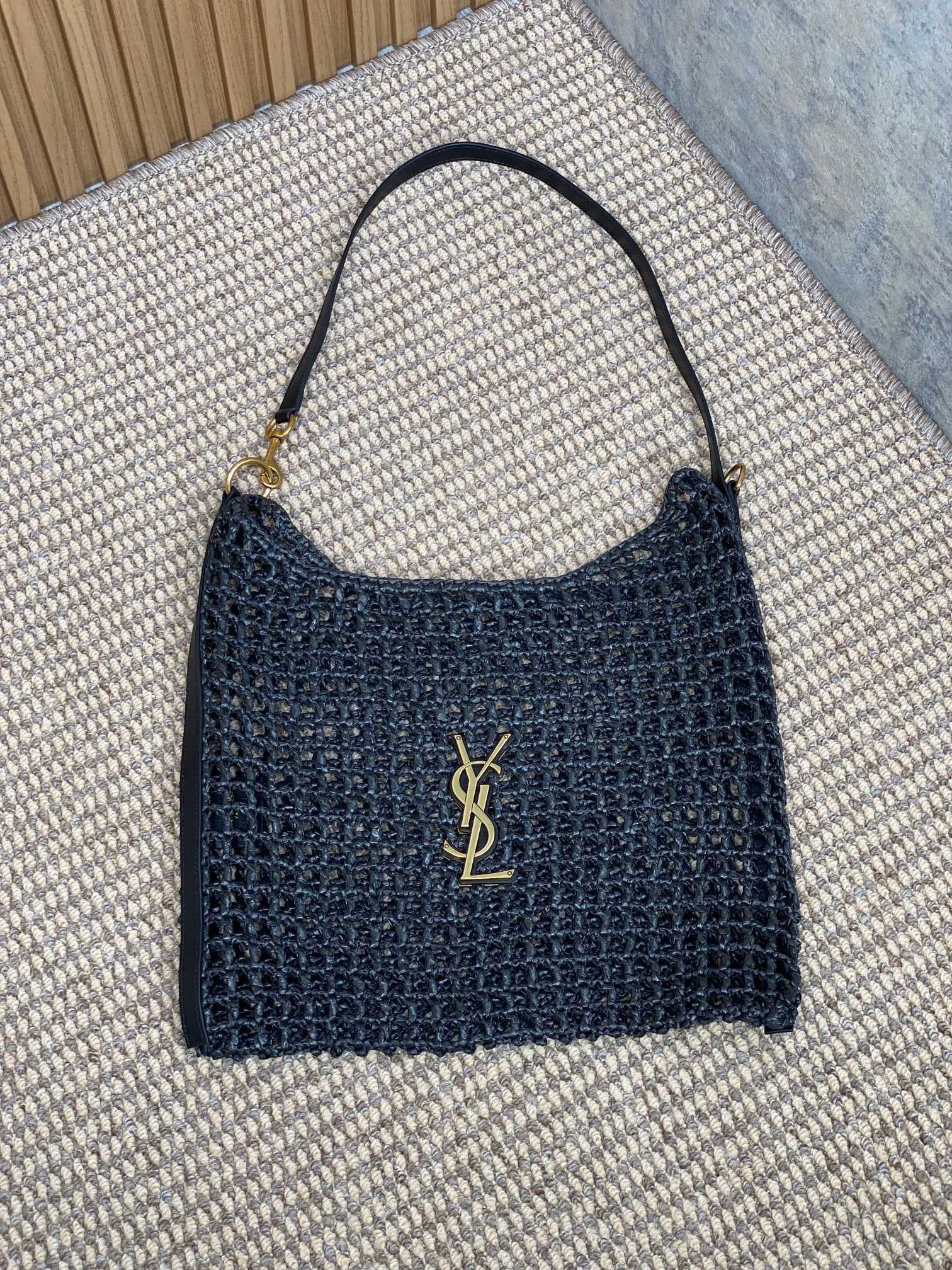 YSL OXALIS BAG IN RAFFIA MACRAMÉ BLACK 14.6X 5.7X1.2INCHES