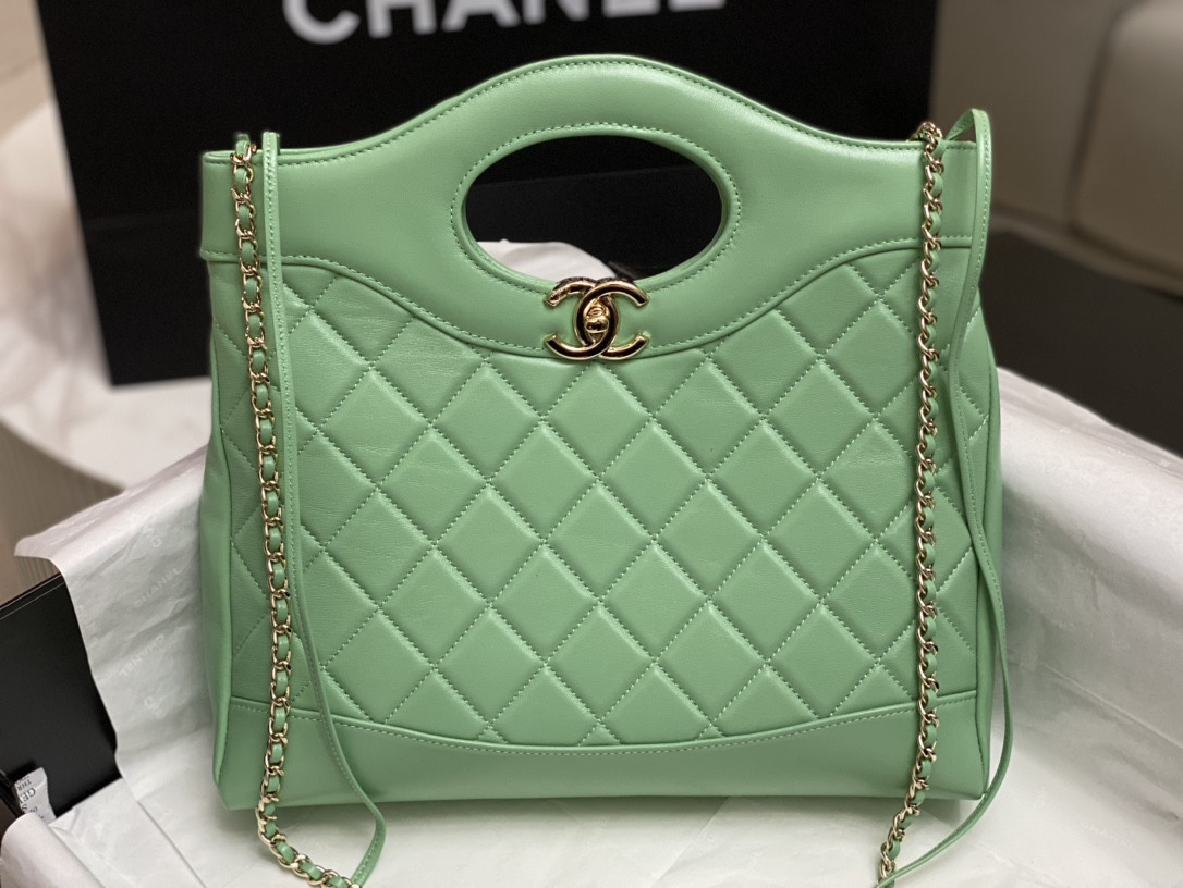 CHANEL SHOPPING BAG Shiny Lambskin & Gold-Tone Metal Light green 11.7 × 11.3 × 3.5 in