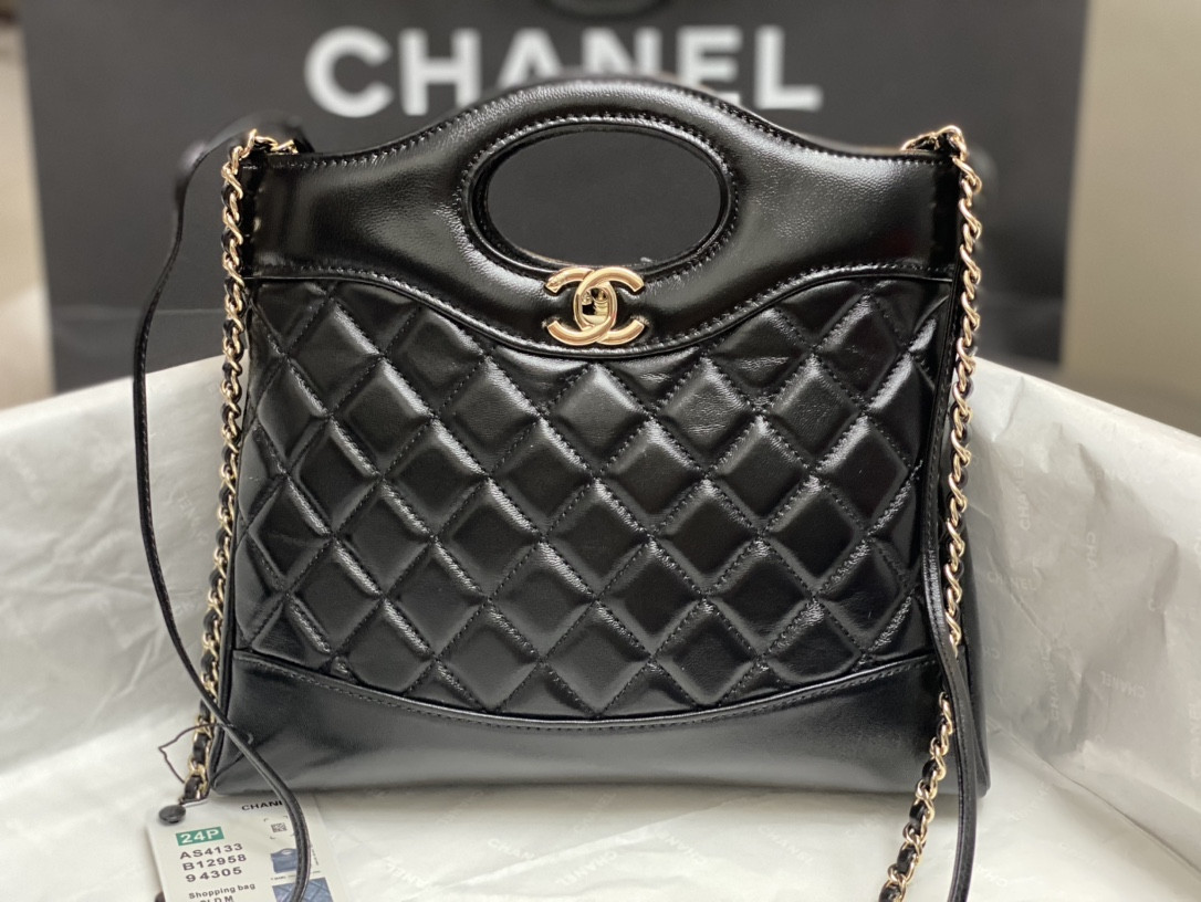 CHANEL MINI SHOPPING BAG Shiny Lambskin & Gold-Tone Metal Black 22x23x5.5cm