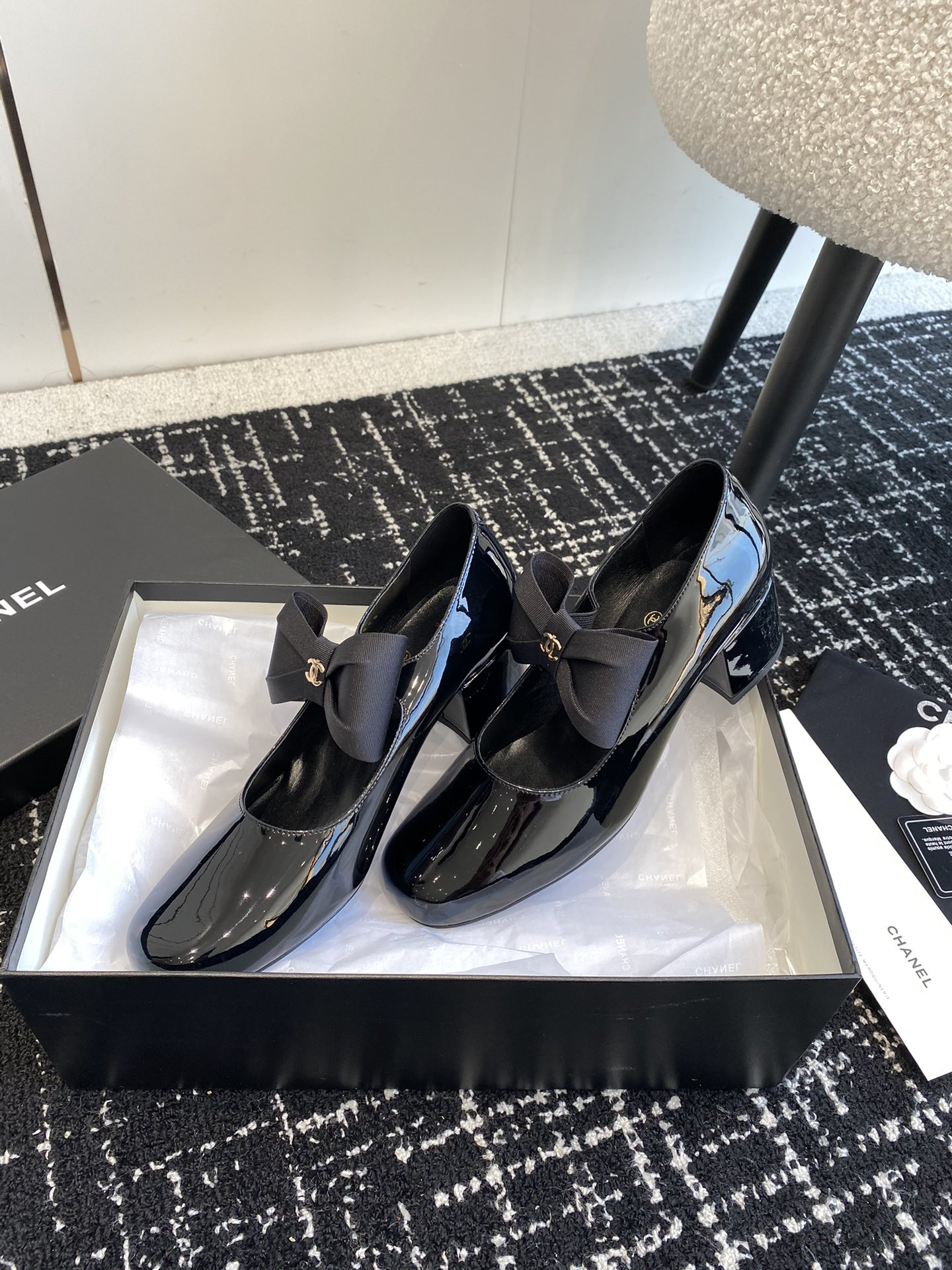 UA CHANEL MARY JANES Patent Calfskin & Grosgrain