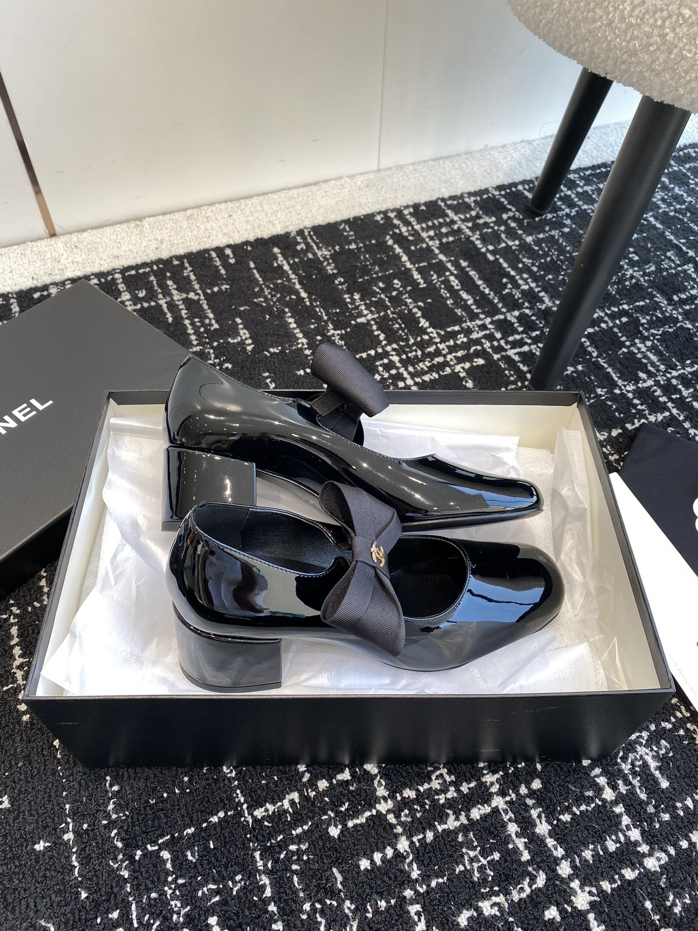 UA CHANEL MARY JANES Patent Calfskin & Grosgrain