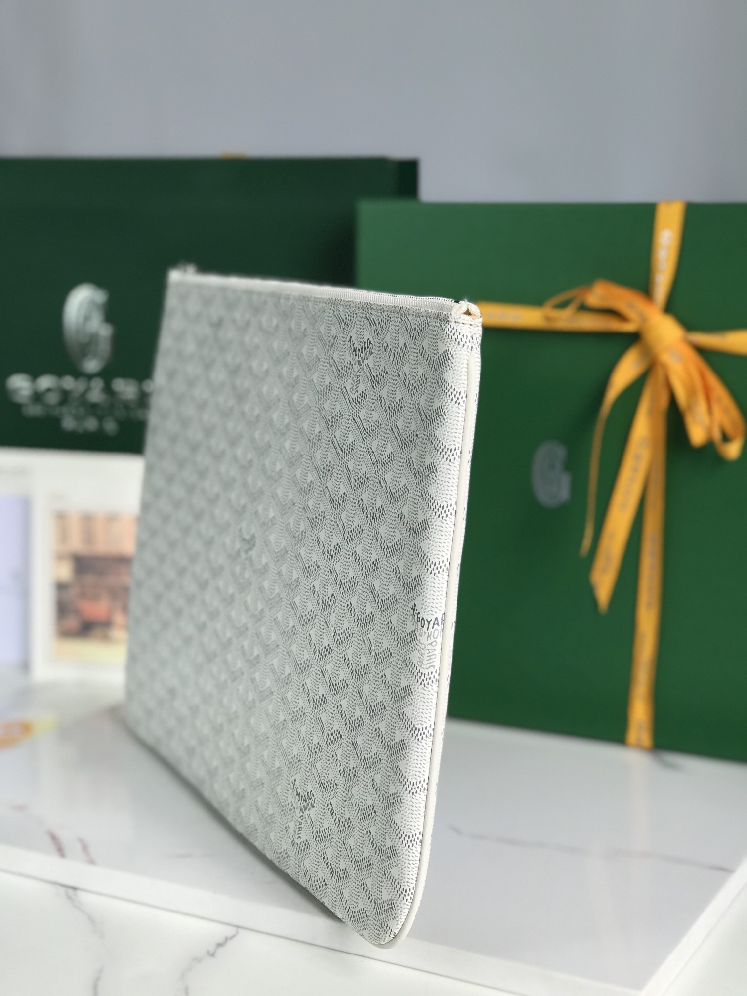 Goyard Goyardine White Senat MM Pouch Palladium Hardware 36x26x0.5cm