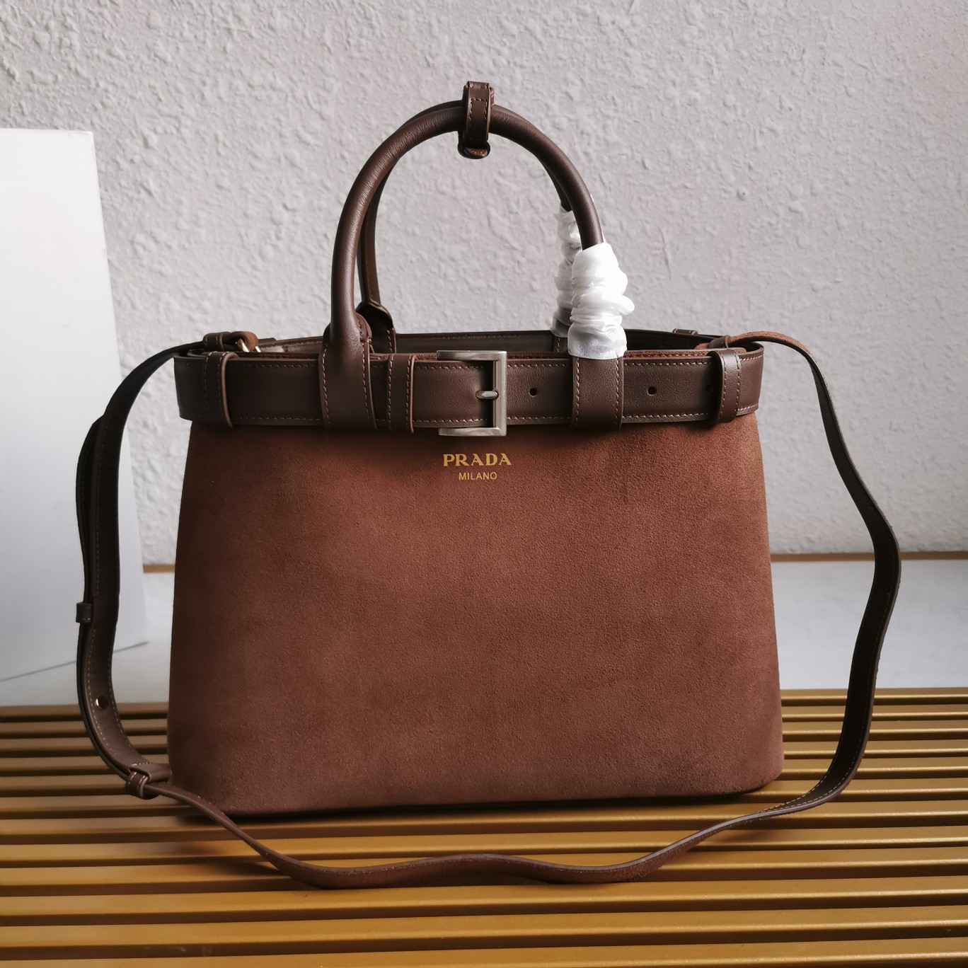 Prada Large Prada Buckle suede bag with belt 27.5x37.5x14cm