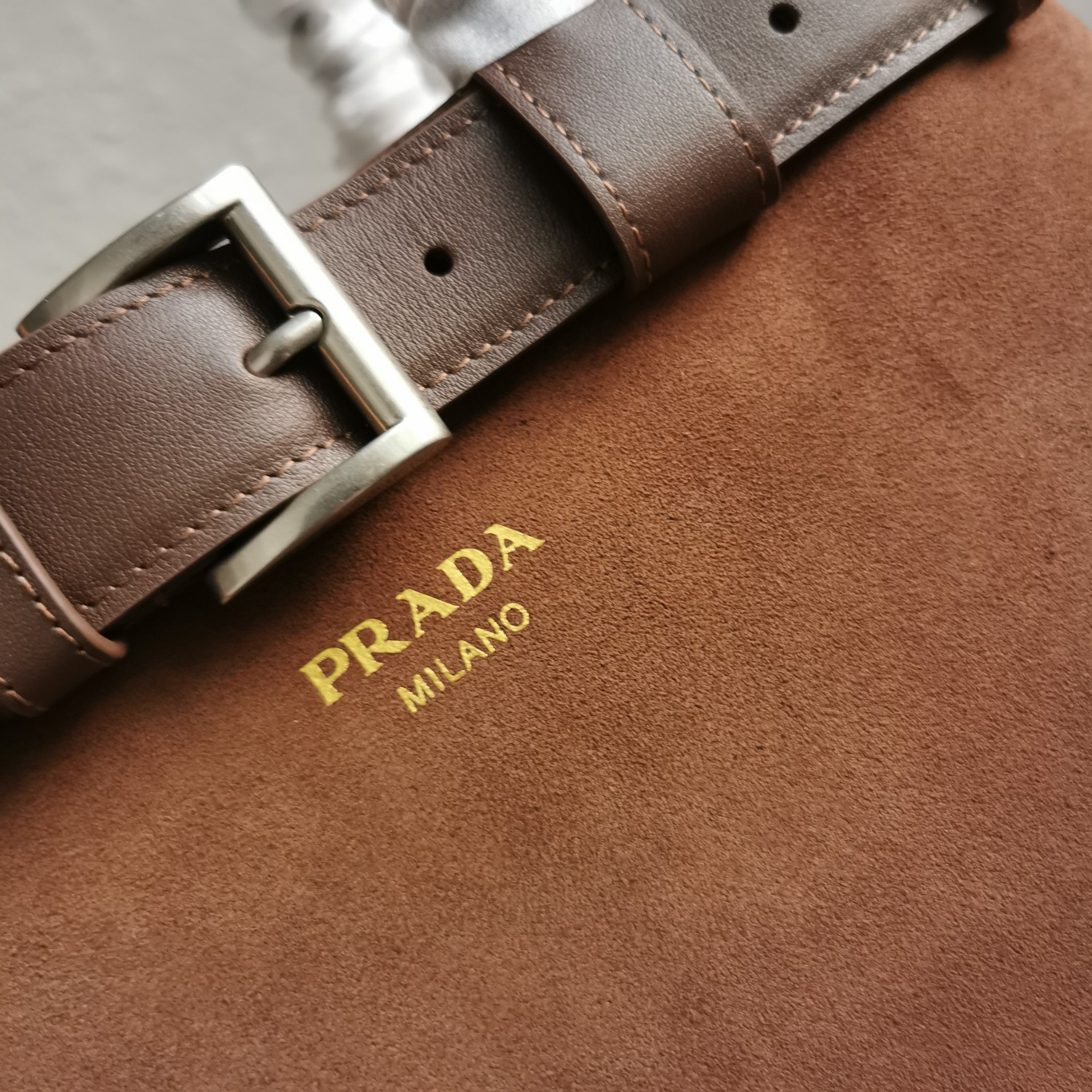 Prada Large Prada Buckle suede bag with belt  27.5x37.5x14cm