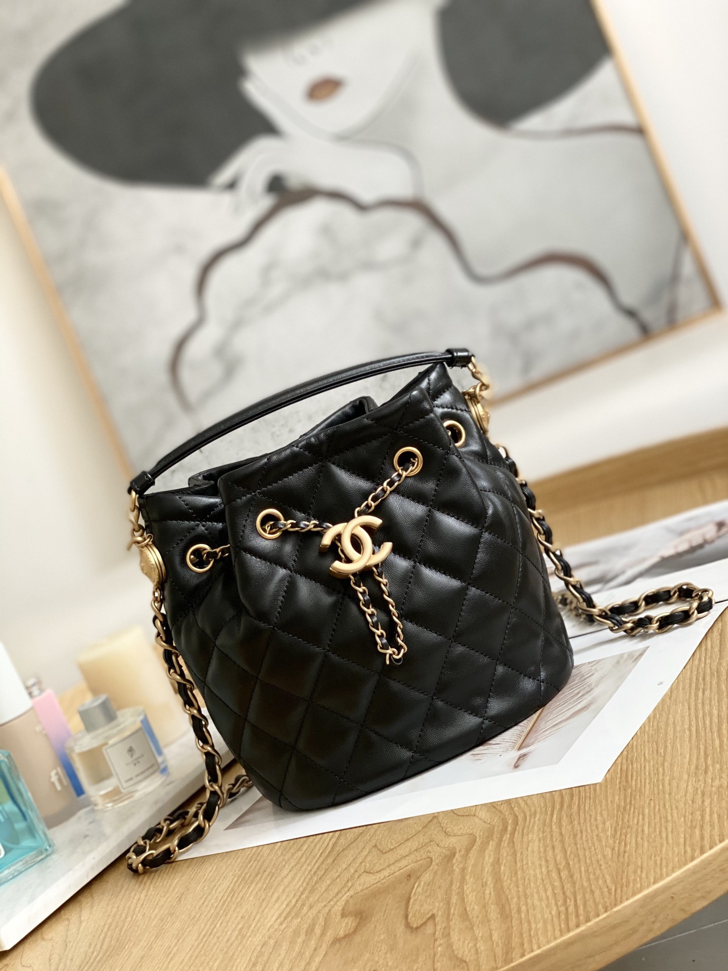 Chanel Drawstring Button Bucket Bag 21x24x14cm