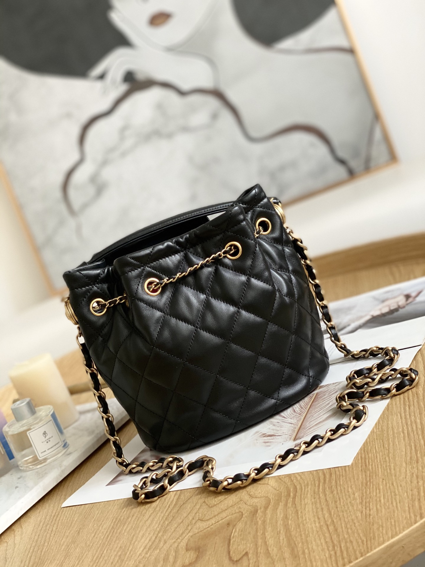 Chanel Drawstring Button Bucket Bag 21x24x14cm