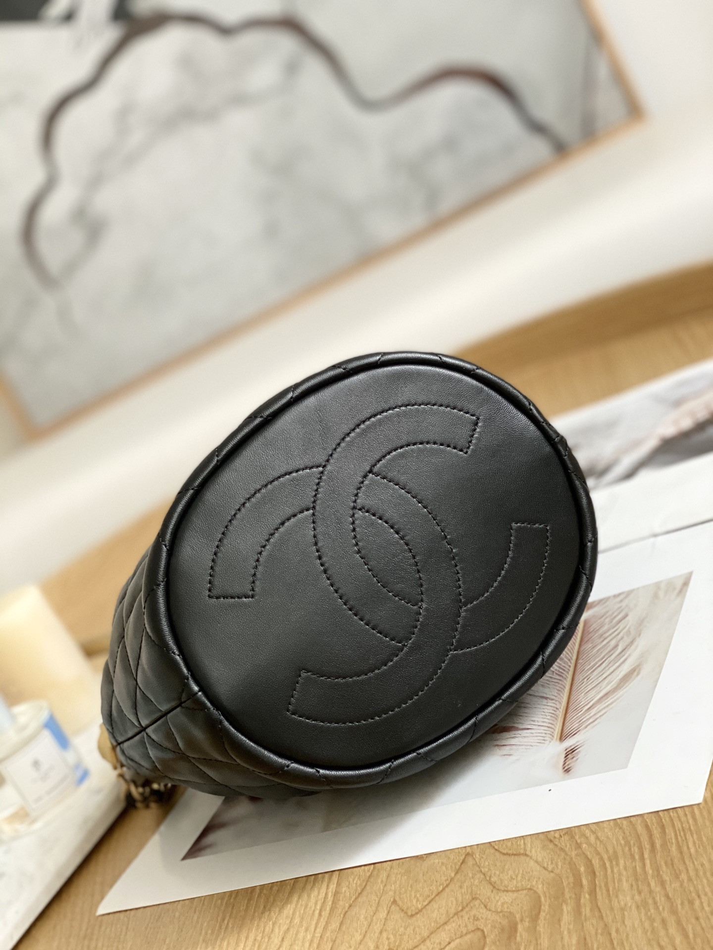 Chanel Drawstring Button Bucket Bag 21x24x14cm