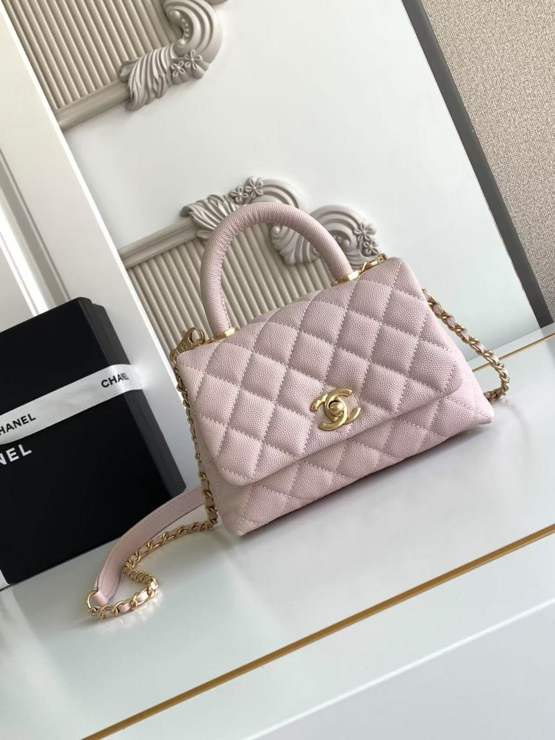 Chanel Mini Flap Bag with Top Handle Grained Calfskin & Gold-Tone Metal AS2215 13x19x9cm