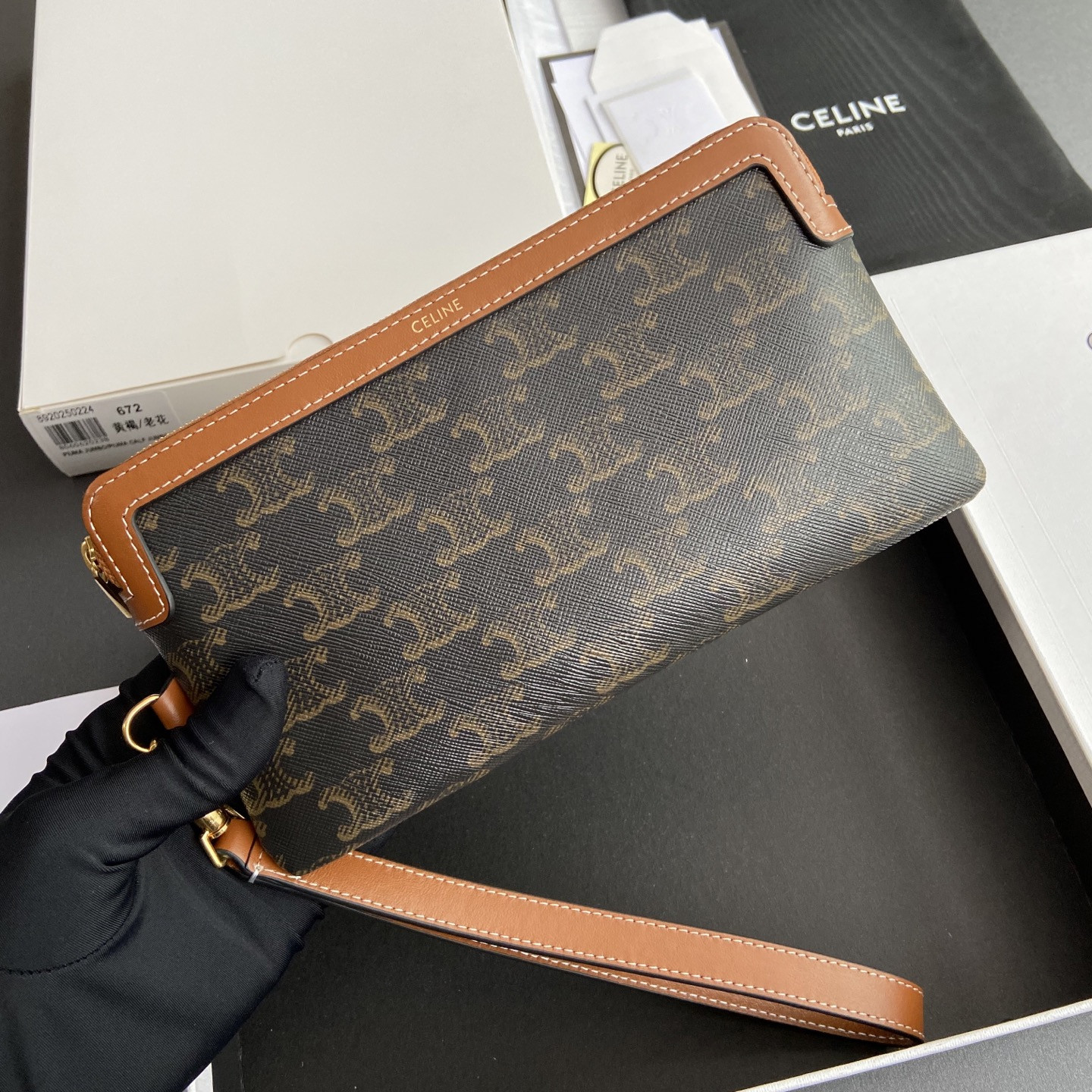 Celine LONG POUCH WITH STRAP in triomphe canvas and calfskin 21.5x11.5x1cm