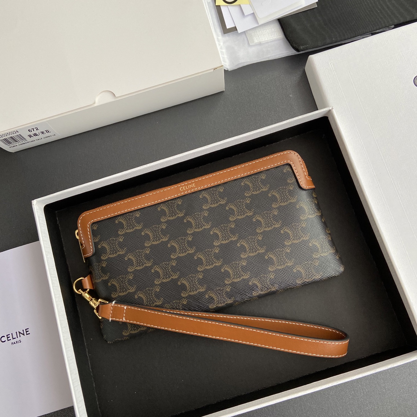 Celine LONG POUCH WITH STRAP in triomphe canvas and calfskin 21.5x11.5x1cm