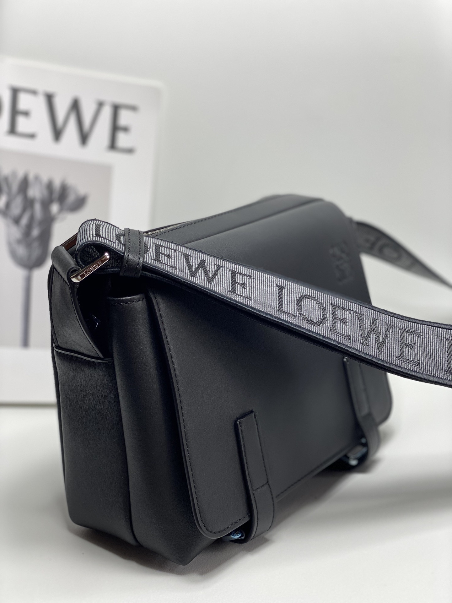 Loewe XS Military messenger bag in supple smooth calfskin and jacquard 18x23x9cm