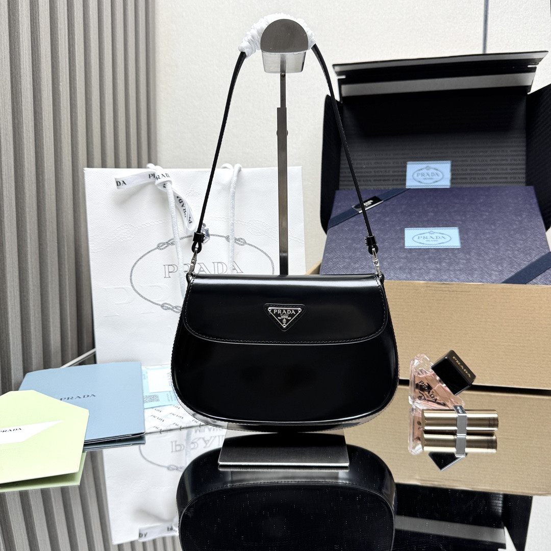 Prada Small Cleo brushed leather shoulder bag with flap 15.5x22x4cm