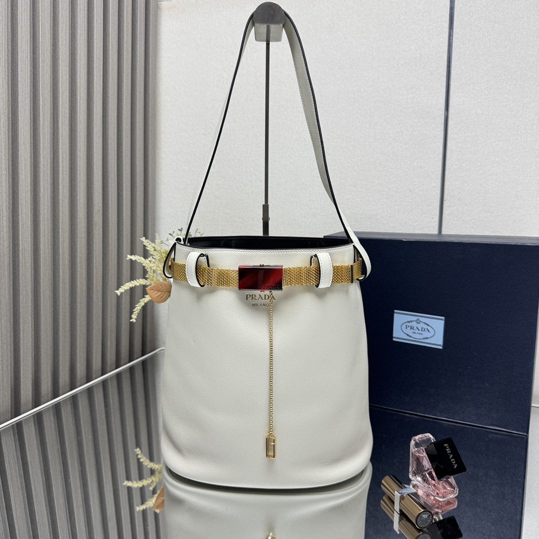 Prada Buckle leather bucket bag with jeweled belt 29x26.5x18cm