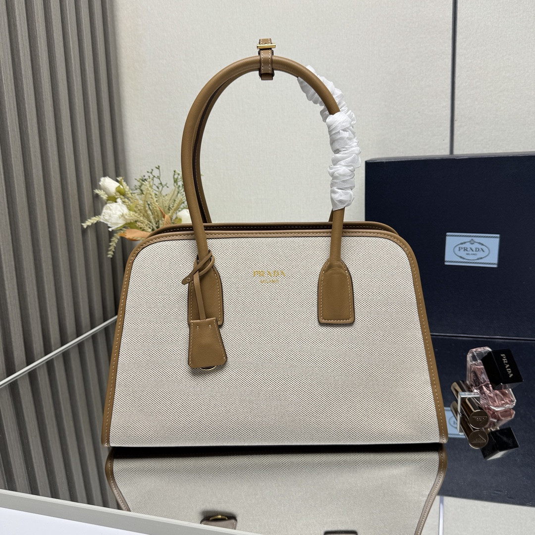 Prada Medium linen blend and leather tote bag 22.5x35x18cm