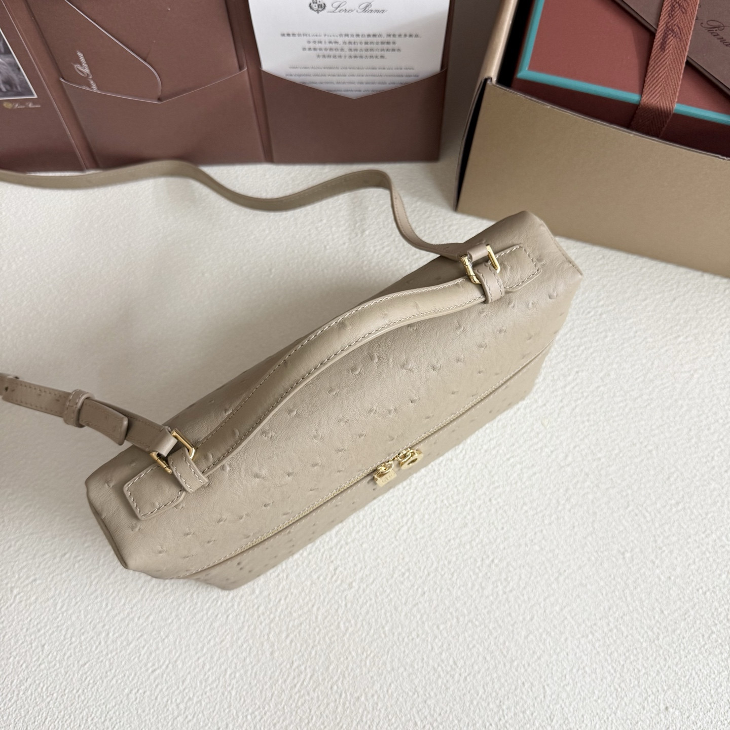 Loro Piana Extra Pocket L27 Ostrich-grained Leather 16x27x10cm