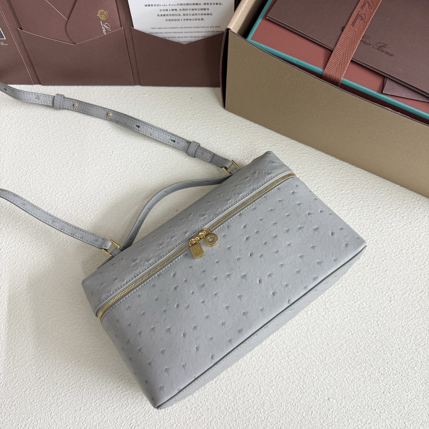 Loro Piana Extra Pocket L27 Ostrich-grained Leather 16x27x10cm